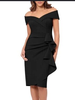 Xscape NWT Black Ruched Draped Cocktail Midi Dress Plus Size 18W $239 Party